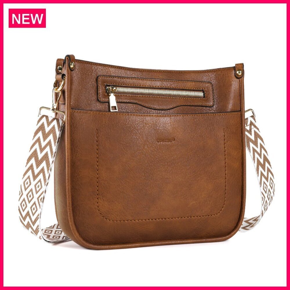 Vegan Leather Crossbody Bag with Guitar Strap, 7 Pockets, Adjustable Shoulder
